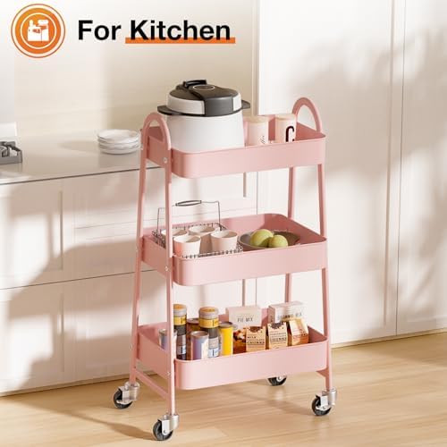 NEWBULIG 3-Tier Metal Rolling Cart with Lockable Wheels, Heavy Duty Mobile Utility Storage Shelf, Roller Book Snack Cart, Organization for Livingroom, Bathroom, Office, Pink - Image 6