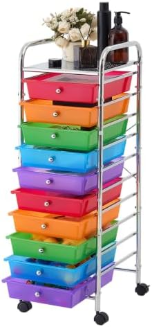 VEVOR Rolling Cart with Drawers, 10 Drawer Storage Organizer, Mobile Utility Cart with Steel Frame, Universal Casters & 2 Brakes, Great for Office, Classroom, Craft Tools, Garage, Studio, Rainbow by VEVOR