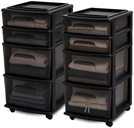 HOMZ Drawer Tower, 4-Tier Storage Cart with Removable Wheels, Black, 2 Pack by Homz