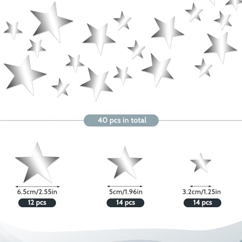 Dimeho 40 Pcs Silver Stars Mirror Wall Stickers, 3D Acrylic Mirror Wall Decorations for Living Room Removable Stars Stickers Art Decal for Bedroom Wedding Birthday DIY Wall Decor (Silver) - Image 2