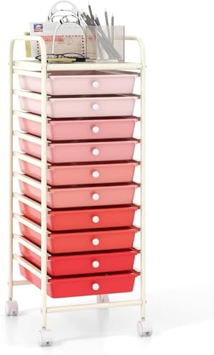 10-Drawer Rolling Storage Cart, Trolley w/Lockable 360° Wheels, 10 Removable PP Drawers, Sturdy Metal Frame, Rolling Utility Cart Perfect for Home, Office, Classroom (Mixed Pink) by BUYNOW