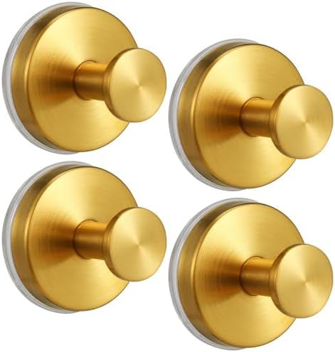 Suction Cup Hooks for Shower No-Drill Bathroom Hooks for Towels, Robes, Loofah Mountable on Bathroom Walls, Kitchen, Glass, Mirrors, Tile and Smooth,Non-Porous Surfaces (4, Brushed Gold) by Fenas