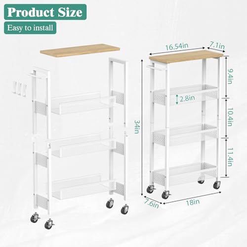 Giwil Slim Rolling Storage Cart 4 Tier Bathroom Organizer Mobile Shelving Unit Utility Cart with Wood Top and Handle for Kitchen Laundry Narrow Places, White - Image 6