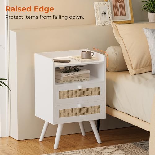 SUPERJARE Night Stand with Charger Station, Boho Rattan Nightstand Set of 2 - Image 4