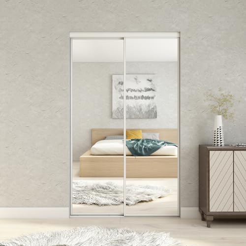 JUBEST Mirrored Closet Door 48 x 80, One Side Mirror Door with Top & Bottom Track Kits, Full Length White Steel Frame Sliding Mirror Closet Door, Easy to Install - Image 7