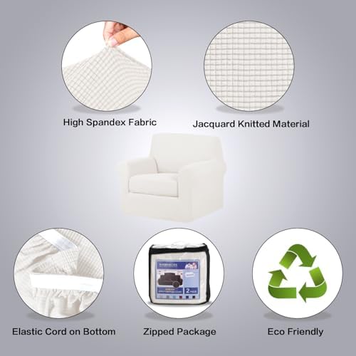 H.VERSAILTEX 2 Piece Couch Cover Stretch Stylish Chair Cover Furniture Protector Featuring Jacquard Textured Twill Fabric High Spandex Slipcover (Chair, Porcelain White) - Image 4