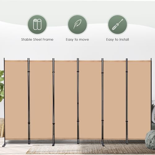 RANTILA 6 Panel Room Divider, 6 FT Folding Privacy Screen with Wide Feet, Freestanding Partition for Room Separation, Portable Room Divider Panel, 133" W x 71" H, Beige - Image 7