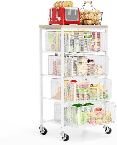 Goovilla Kitchen Cart with Drawers, Lockable Wheels with Wooden Top, White by Goovilla
