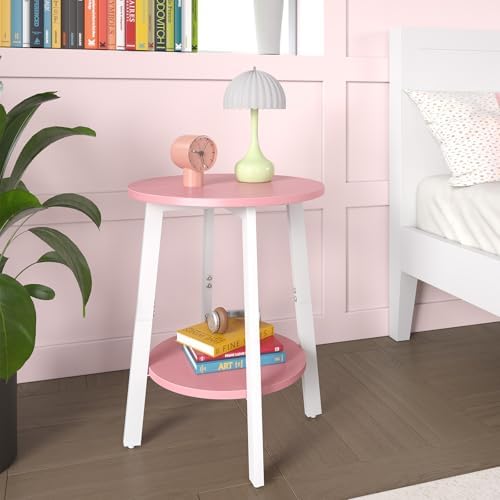 sthmec Side Table, Small Round End Table with Storage Shelf for Small Space, 2-Tier Bedside Table Sofa Couch Table, Round Accent Table Nighstands for Living Room, Bedroom, Pink - Image 4