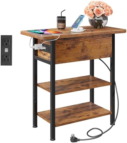 WLIVE 3-Tier End Table with Charging Station Flip Top Narrow Nightstand by WLIVE