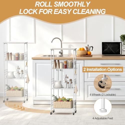 4-Tier Rolling Cart with Tabletop, Rolling Carts with Wheels and S Hooks - Image 6