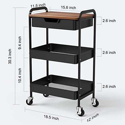 3 Tier Rolling Cart with Drawer, Metal Utility Cart with Table Top - Image 3