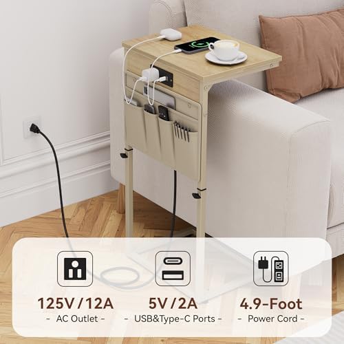 Vagusicc C-Shaped End Table with Charging Station, Small Side Table for Couch, 33" Tall C Table Adjustable Height Side Table, Couch Tables that Slide Under, Sofa Table TV Tray for Living Room, Natural - Image 7