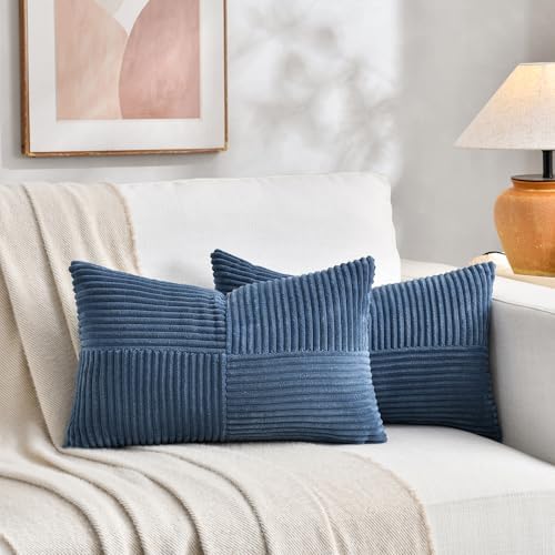 Fancy Homi 2 Packs Dusty Blue Lumbar Decorative Throw Pillow Covers 14x22 Inch for Couch Bed Sofa, Rustic Farmhouse Boho Home Decor, Soft Striped Corduroy Rectangle Accent Cushion Case 35x55 cm - Image 5