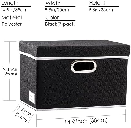 PRANDOM Foldable Storage Box with Lid [3-Pack] Fabric Collapsible Storage Bin Organizer Container Basket Cube with Cover for Home Bedroom Closet Office Nursery Black (14.9x9.8x9.8) - Image 6