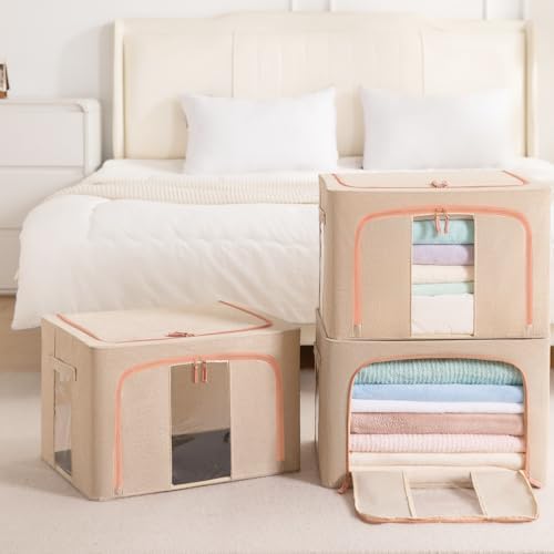 GuliPostan 3 Pack 24L Stackable Clothes Storage Bins with Metal Frame Handles & Zipper, Collapsible Closet Organizer Box with Lid for Bedding Blankets Towel (Beige) - Image 6