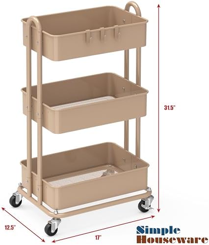 Simple Houseware 3-Tier Heavy Duty Metal Utility Rolling Cart, Khaki - Image 2