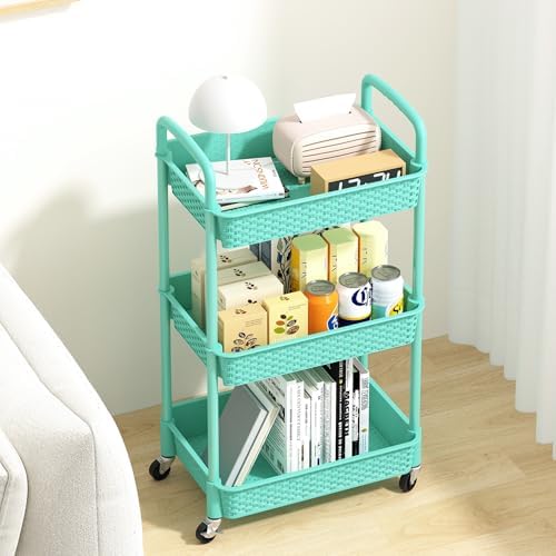 MOYIPIN 3-Tier Plastic Rolling Utility Cart with Handle,Turquoise - Image 3
