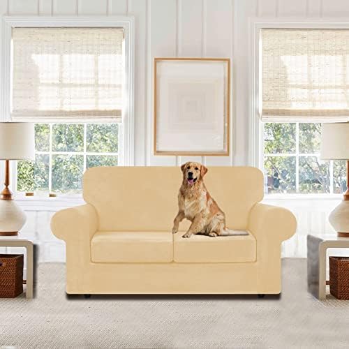 WEERRW Velvet Stretch 3 Pieces Couch Cover for Sofa Washable, Champagne - Image 2