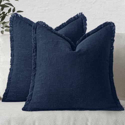MIULEE Boho Linen Fringe Decorative Throw Pillow Covers Dark Navy 16x16 by MIULEE