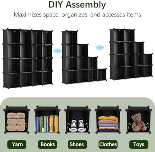 Whitmor 16 Cube Closet Organizers and Storage, Stackable Plastic Closet Shelves with Hooks & Mallet, DIY Clothes Organizer, Cube Bookshelf, Portable Storage Organizer for Bedroom, Home, Office, Black - Image 6
