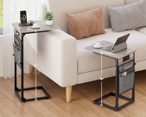 VAGUSICC C Shaped End Table with Charging Station, Adjustable Height Side Table for Couch Recliner, Small Sofa Table with Storage Bag, Slide Under Sofa TV Tray Arm Table for Living Room, Bedroom, Gray - Image 2