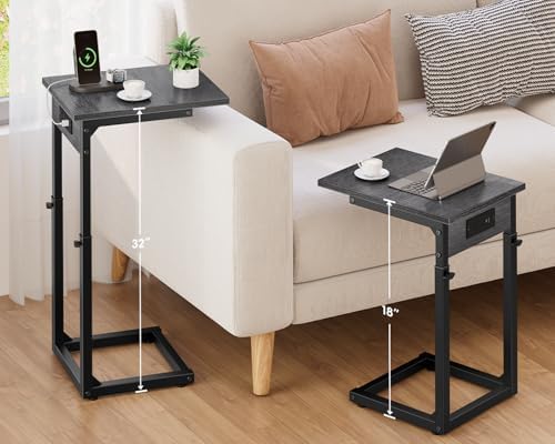 Vagusicc C Shaped End Table with Charging Station, 33" Tall Side Table for Couch, Adjustable Height C Table End Table, Couch Table Slide Under Sofa Table TV Tray Table for Living Room, Gray Walnut - Image 4