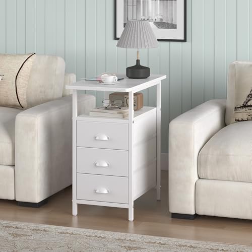 sthmec End Table with Charging Station, Side Tables Livingroom with USB Ports and Outlets,Narrow Nightstands Bedside Tables with 3 Drawers PU Finish for Small Space,Slim Sofa Table Bedroom,White - Image 2