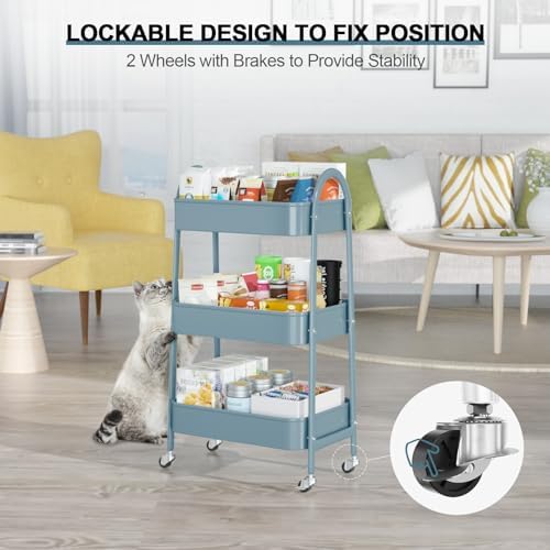 3 Tier Utility Rolling Cart, EAGMAK Metal Storage Cart with Handle and Lockable Wheels, Multifunctional Storage Organizer Trolley with Mesh Baskets for Kitchen, Living Room, Office, Garage (Blue) - Image 4