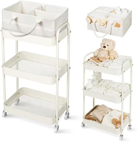 Fortella Baby Diaper Caddy, 3 Tier Rolling Cart for Baby Essentials, Beige by Fortella