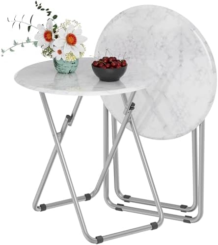 TV Tray Table, Round Folding Table, Foldable Snack Tray for Eating, Small Folding Table Set of 2, Dinner Table for Couch, Living Room, Small Space (White Marble, 2Pcs) by Fleecy+day
