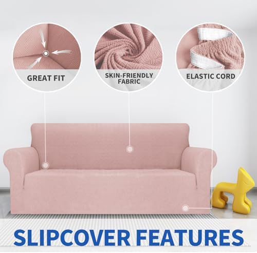 MAXIJIN Loveseat Cover Sofa Covers (55"-69"), 1-Piece Stretch Couch Covers for 2 Cushion Couch Love Seat Slipcover with Elastic Bottom for Kids,Dog (Loveseat, Diamond Pattern Dusty Pink) - Image 3