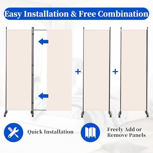 Room Divider 6FT 4 Panel Folding Wall Divider with Lockable Wheels,Beige - Image 4