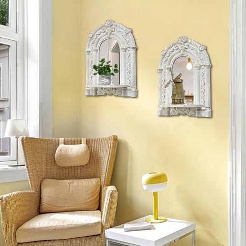 2 Set Vintage Candle Wall Sconce for Home Decor Living Room Bedroom Office Wood Antique Mirrored Victorian Mounted Candlestick Wall Holder Relief Hanging Decor -White 11.8in - Image 3