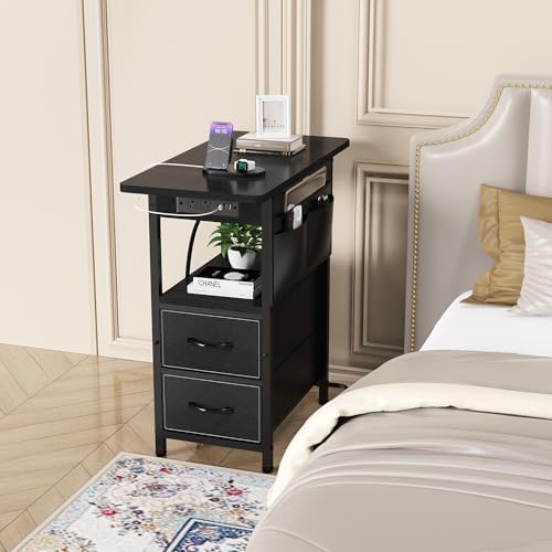 Yenlure Small Side Table with Charging Station, Narrow Nightstand Bedside Tables with Storage Pocket for Living Room Bedroom, Sofa End Table with USB Ports and Power Outlets for Small Spaces - Image 2