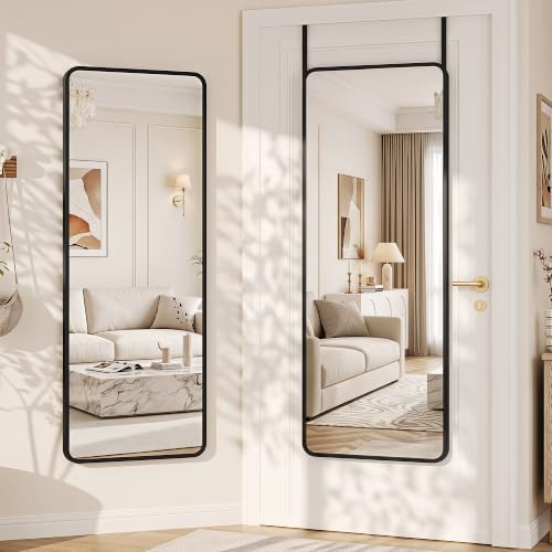 Suidia Full Length Mirror Over the Door&Wall Mounted, 58"x19" Door Mirror with Aluminum Alloy Frame, HD Shatterproof, No-Drill, Hanging Mirrors for Bedroom, Bathroom, Dorm, Closet, Rounded Rect, Black by SuidiaMirror