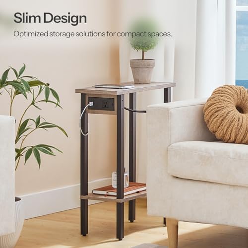 HOOBRO Narrow Side Tables, Set of 2, 2-Tier Slim End Tables with Charging Station, Skinny Nightstands with Open Storage, for Small Spaces, Living Room, Bedroom, Study,Greige and Black BG240UBZP201 - Image 4
