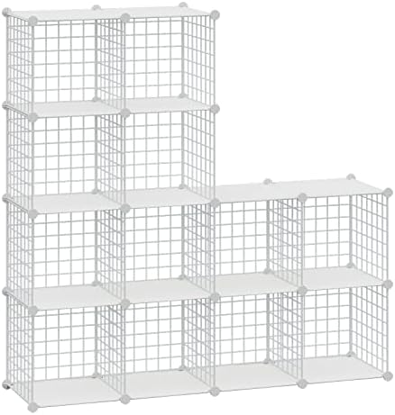 HUBSON Wire Cube Storage Organizer, Book/Toy/Craft/Potted Plants and petCloset Organizers and Storage Shelves, 12-Cube Freely Combinable Metal Grids Storage Shelf,White Plus Iron by HUBSON
