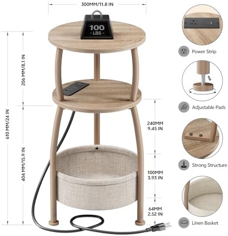 Side Table with Charging Station, Small Round End Table with Basket - Image 3