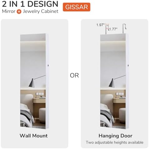 GISSAR Full Length Mirror Jewelry Cabinet, 6 LEDs Jewelry Armoire Wall Mounted Over The Door Hanging, Jewelry Organizer Storage with Lights Lockable, Bright White, 14.6" x 47.2" - Image 6