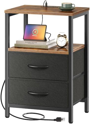 Huuger Nightstand with Charging Station, Side Table with Fabric Drawers by Huuger