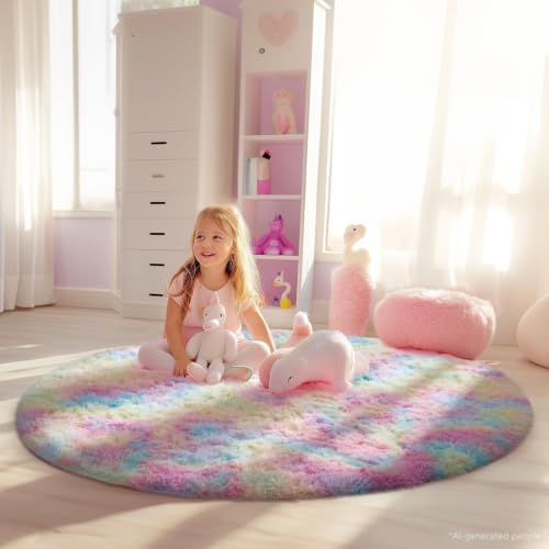 Ophanie Round Rugs 4Ft Rainbow Circle Area Rug, Colorful Unicorn Bedroom Dorm Decor for Teen Girls, Cute Fluffy Fuzzy Plush Soft Shaggy Living Room Carpet for Kids Baby Home Aesthetic Nursery Playroom - Image 5