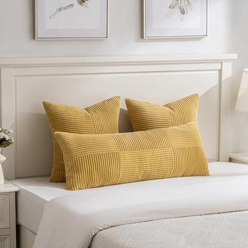 Fancy Homi 2 Packs Mustard Yellow Long Lumbar Decorative Throw Pillow Covers 16x24 Inch for Couch Bed, Rustic Farmhouse Boho Home Decor, Soft Striped Corduroy Rectangle Accent Cushion Case 40x60 cm - Image 5