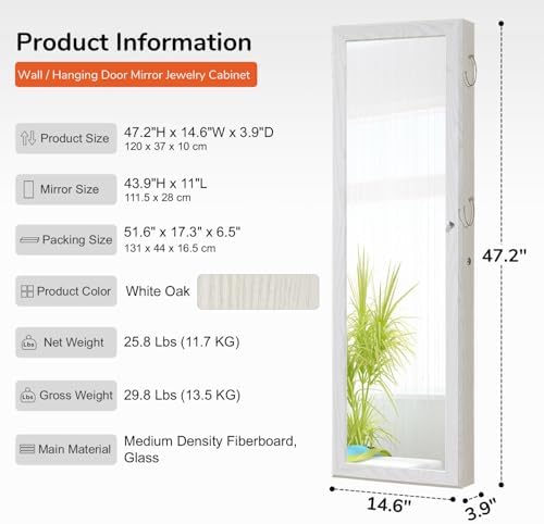 GISSAR Jewelry Mirror Armoire Wall Mount Over The Door Mirror Jewelry Cabinet Storage Mirror Organizer Lockable Full Length Door Mirror(White Oak) - Image 6