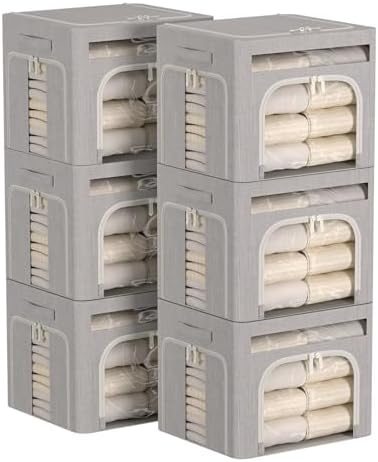 FHSQX 6 Pack Foldable Storage Bins for Clothes Clothes Storage Bins with Metal Frame Stackable Storage Box with Lid (Light Grey, 19.7x15.7x13.8 inch (70L)) by FHSQX