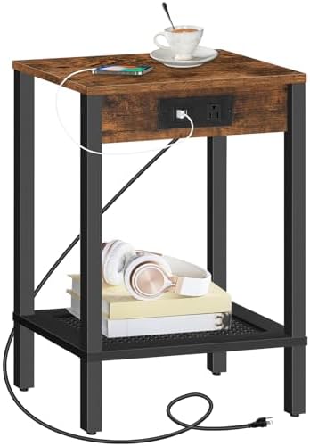 HOOBRO Side Table with Charging Station, End Table with USB Ports and Outlet, Small Nightstand with 2-Tier Storage Shelf, Faux Rattan Decoration, for Small Space, Rustic Brown and Black BF91UBZ01 by HOOBRO