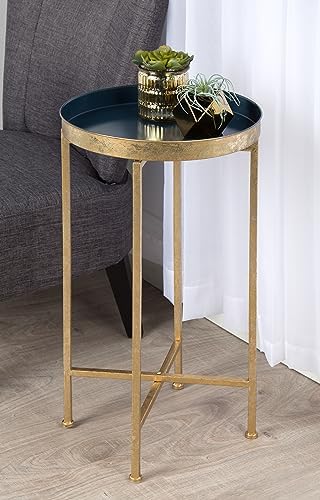 Kate and Laurel Celia Round Metal Foldable Tray Accent Table, Navy Blue with Gold Base - Image 2