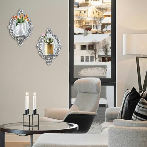 2 Set Vintage Candle Wall Sconce for Home Decor Living Room Bedroom Office Wood Antique Mirrored Victorian Mounted Candlestick Wall Holder Relief Hanging Decor -Silver 11.8in - Image 3