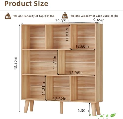 LEYAOYAO 8 Cube Bookshelf, Mid-Century Modern Book Shelf with Legs, Natural - Image 2
