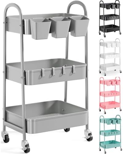 3 Tier Gray Metal Rolling Cart, Storage Cart with Handle & Lockable Wheels by Recximi